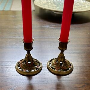 Brass Decorative Candle Holders with Red Accent